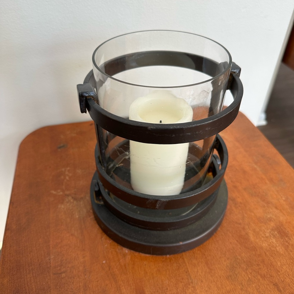 Pottery Barn metal candle holder and glass hurricane
